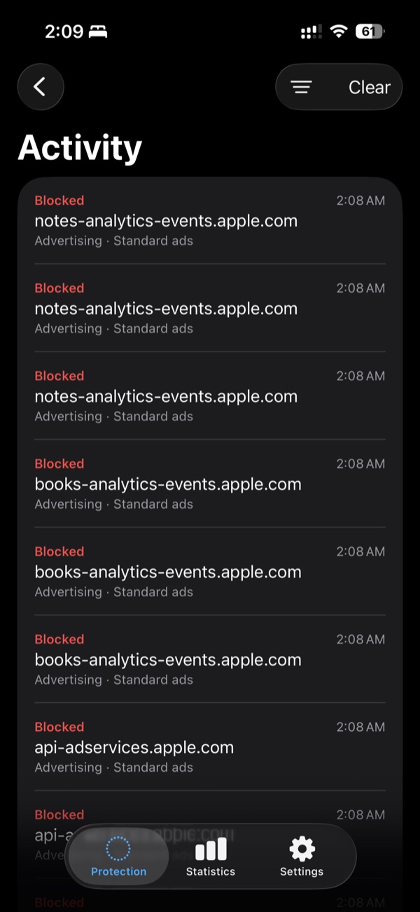 Nox activity log showing blocked requests with their domains, categories and times