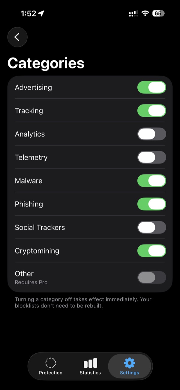 Nox category controls for advertising, tracking, malware, phishing and other domains