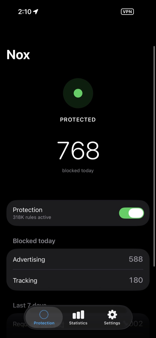 Nox protection screen showing 768 requests blocked today, with protection enabled